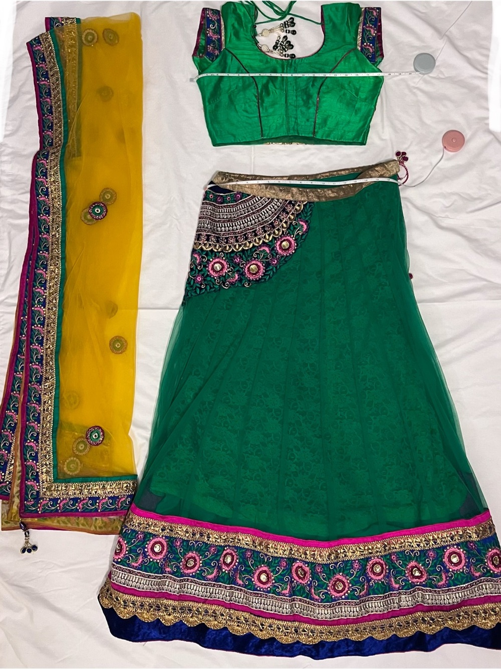 Green Embroidered Lehenga Skirt & blouse with Yellow Dupatta